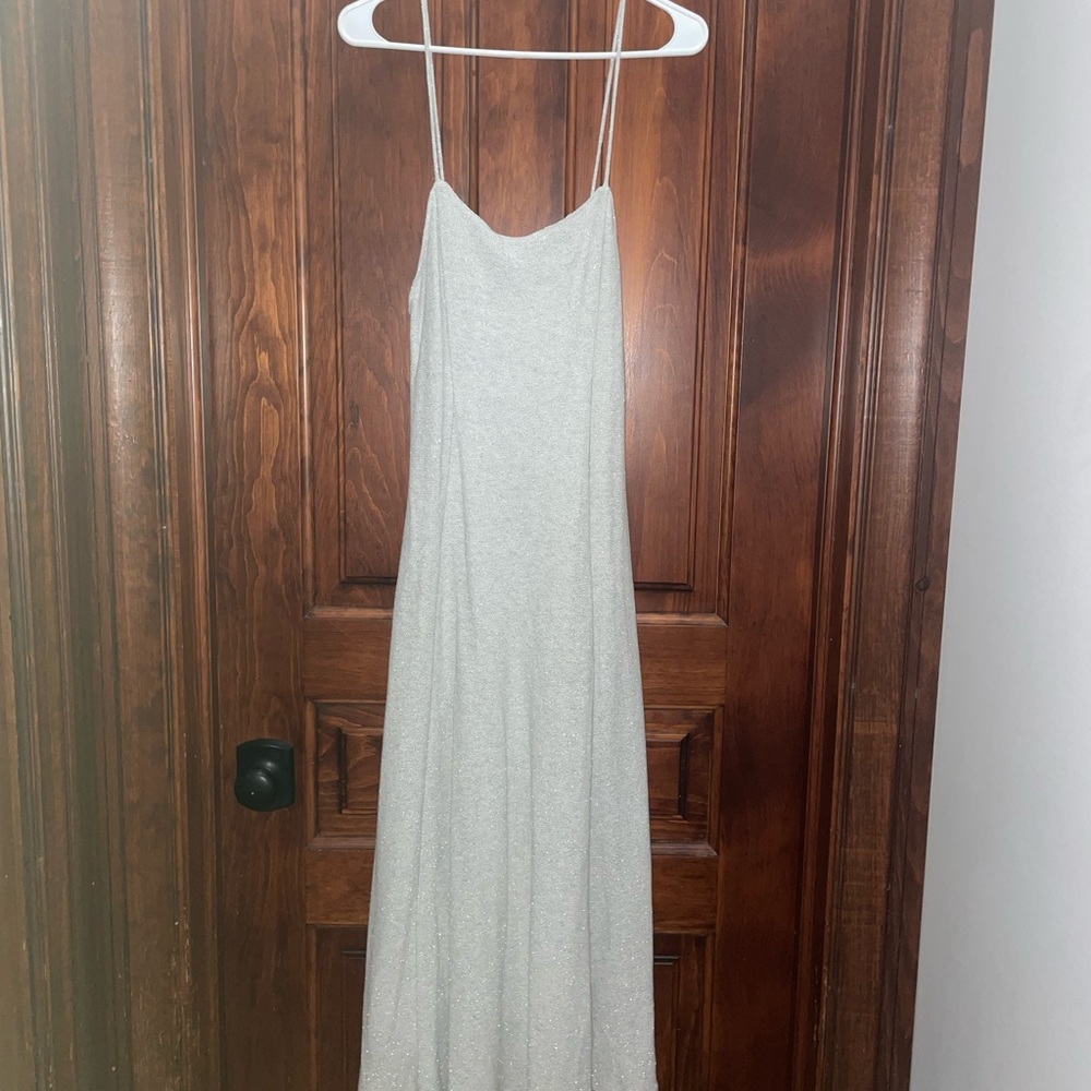 A Line Cut Spaghetti Strap White & Grey Sparkle Knit Maxi Dress